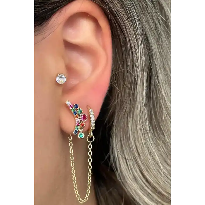 Altın Renk Taş Detaylı 3lü Küpe Set