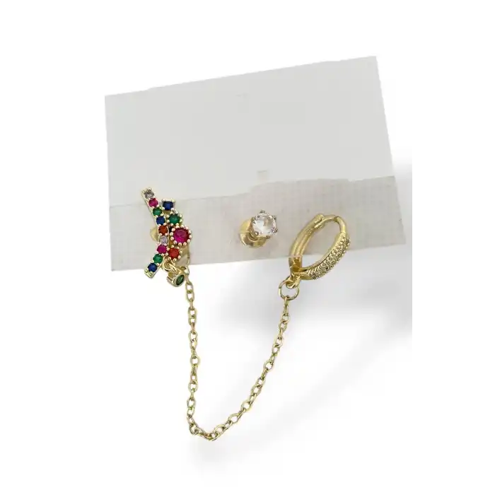 Altın Renk Taş Detaylı 3lü Küpe Set