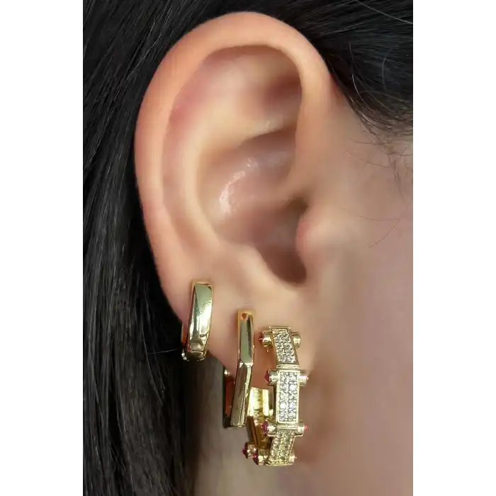 Altın Renk Taş Detaylı 3lü YSX Halka Küpe Set