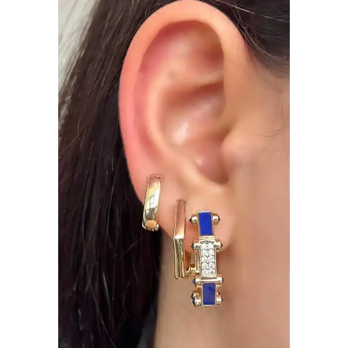 Altın Renk Taş Detaylı 3lü YSX Küpe Set