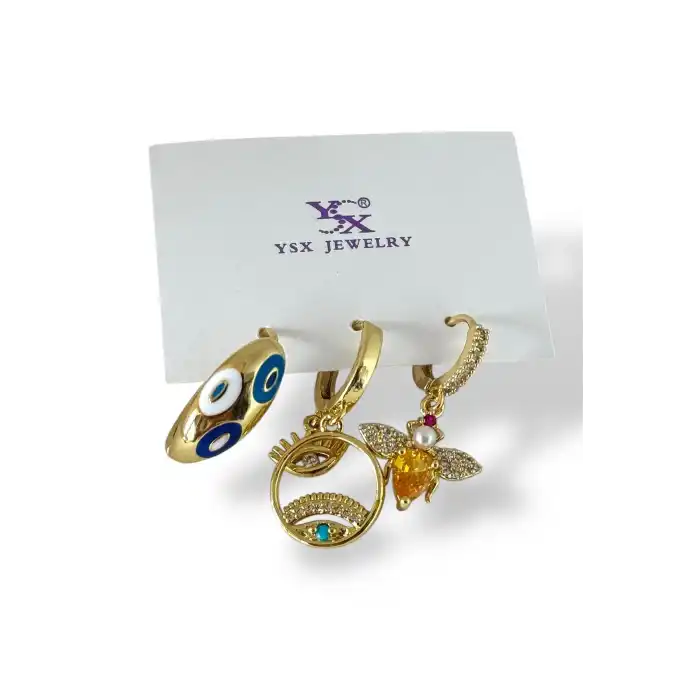 Altın Renk Taş Detaylı 3lü YSX Küpe Set