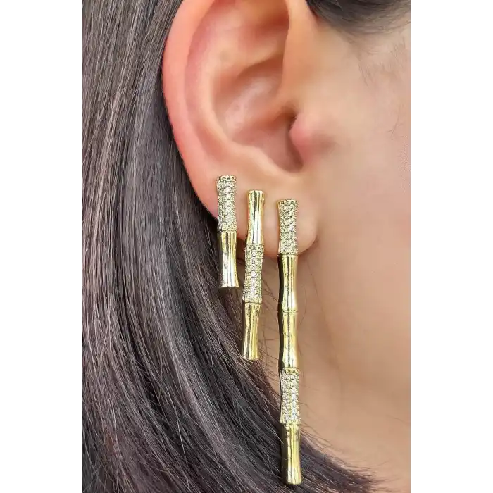 Altın Renk Taş Detaylı 3lü YSX Küpe Set