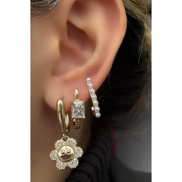 Altın Renk Taş Detaylı 3lü YSX Küpe Set