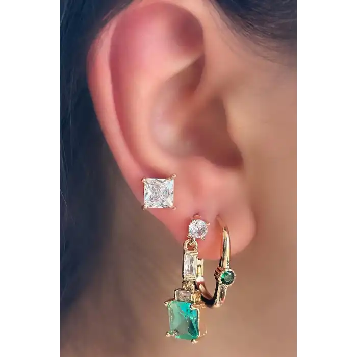 Altın Renk Taş Detaylı 3lü YSX Küpe Set