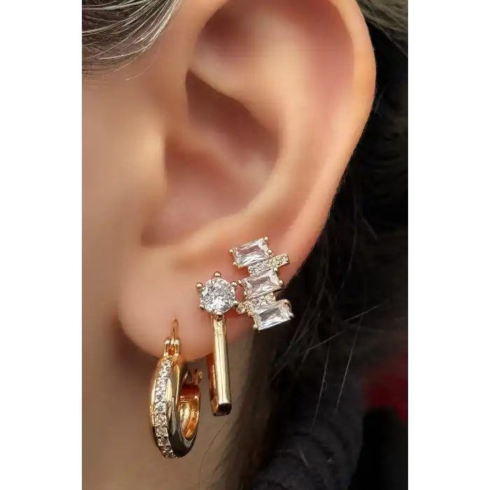 Altın Renk Taş Detaylı 3lü YSX Küpe Set