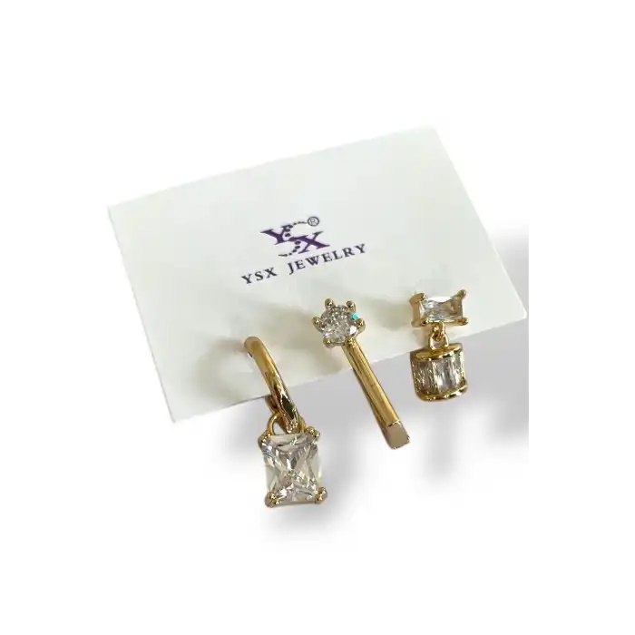 Altın Renk Taş Detaylı 3lü YSX Küpe Set