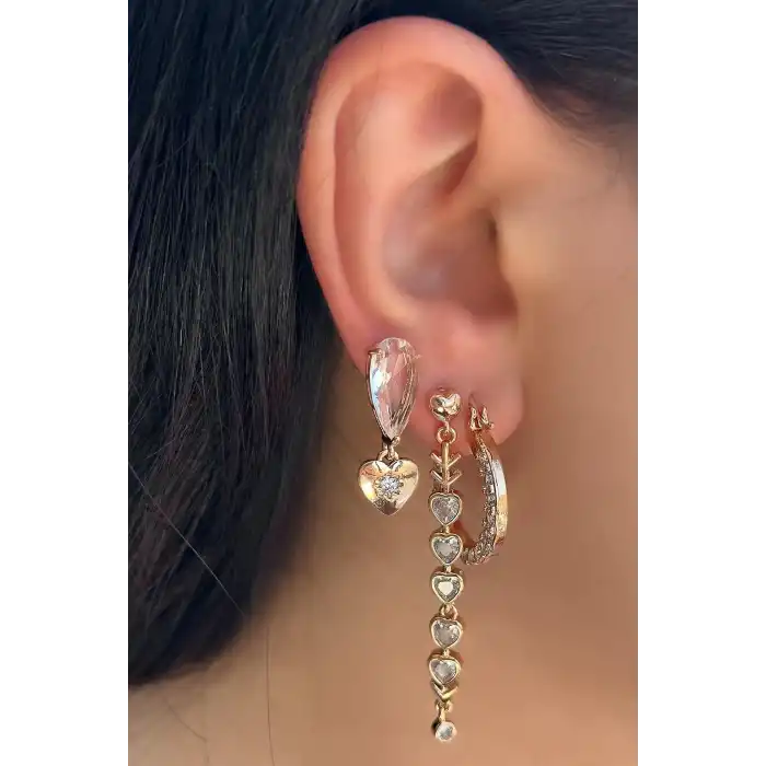 Altın Renk Taş Detaylı 3lü YSX Küpe Set