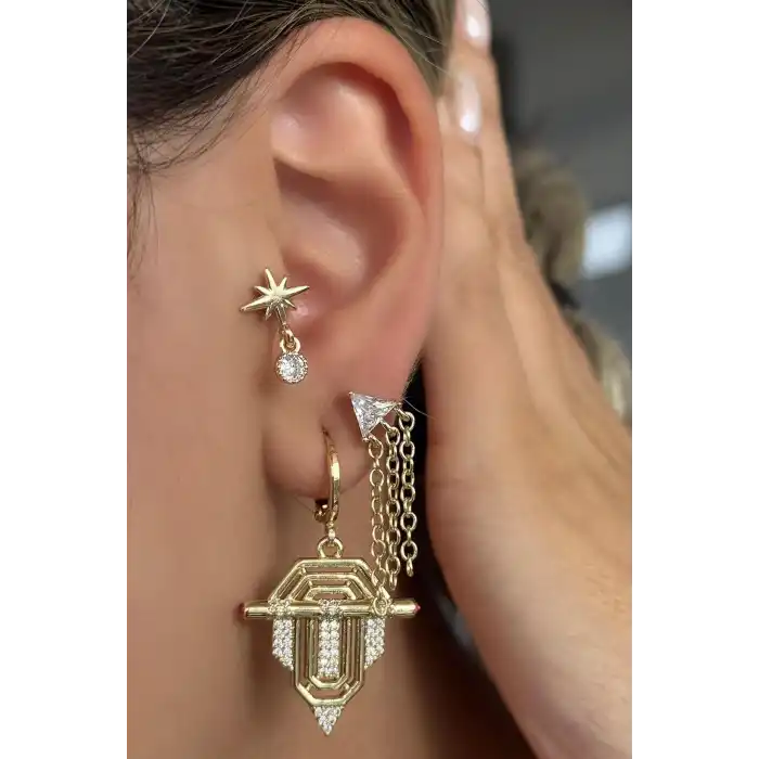 Altın Renk Taş Detaylı 3lü YSX Küpe Set