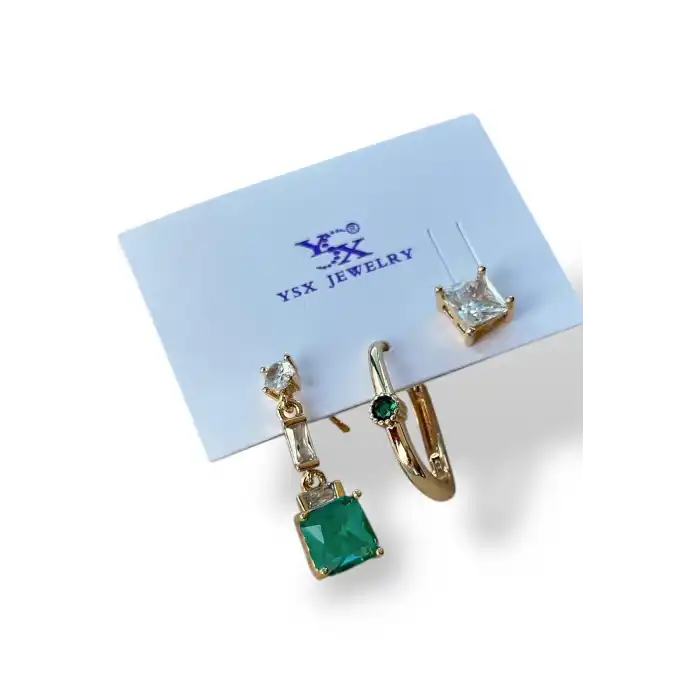 Altın Renk Taş Detaylı 3lü YSX Küpe Set