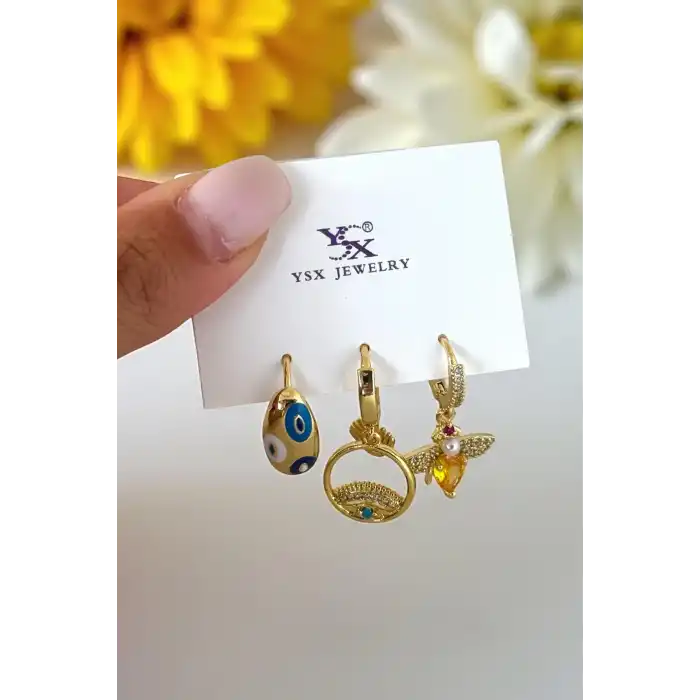 Altın Renk Taş Detaylı 3lü YSX Küpe Set