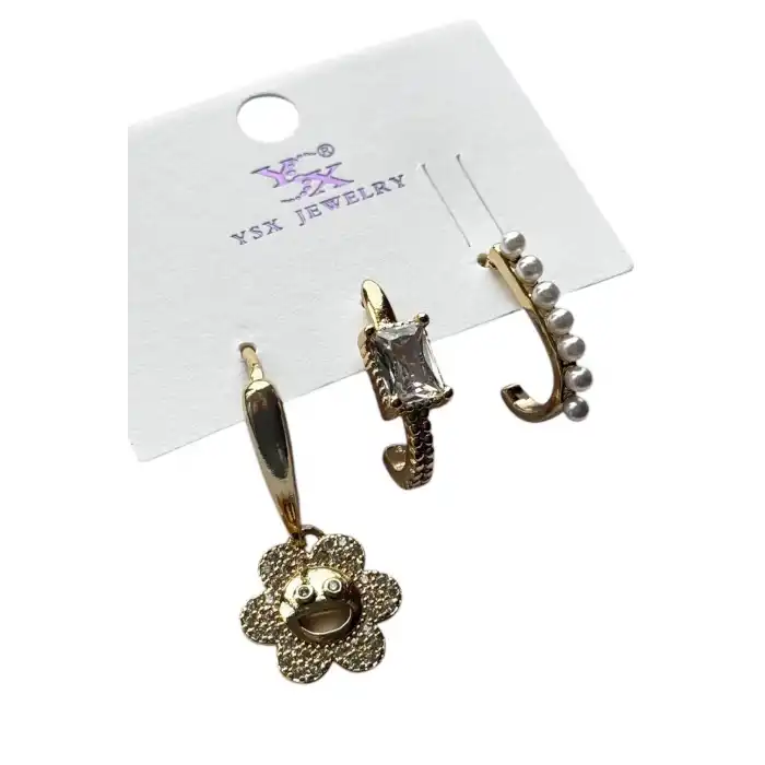 Altın Renk Taş Detaylı 3lü YSX Küpe Set