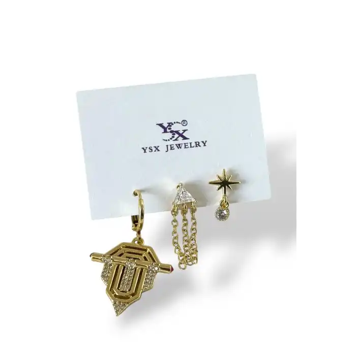 Altın Renk Taş Detaylı 3lü YSX Küpe Set