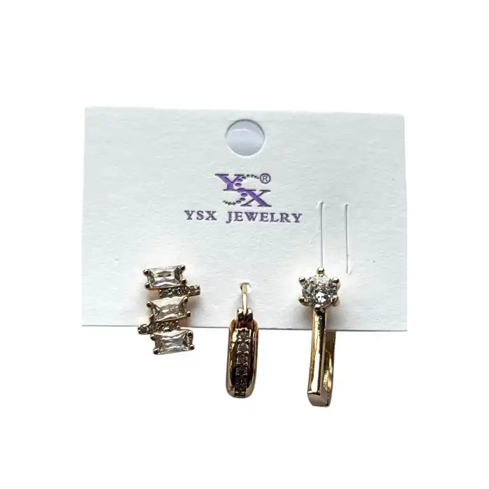 Altın Renk Taş Detaylı 3lü YSX Küpe Set