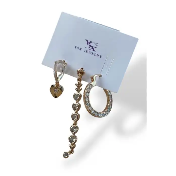 Altın Renk Taş Detaylı 3lü YSX Küpe Set