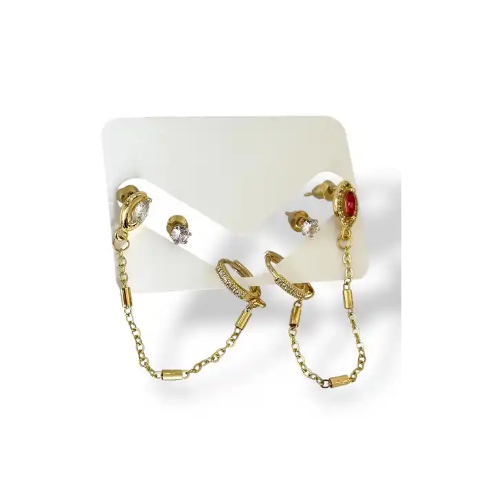 Altın Renk Taş Detaylı 6lı Küpe Set