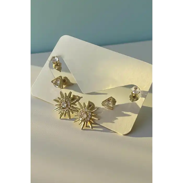 Altın Renk Taş Detaylı 6lı Küpe Set