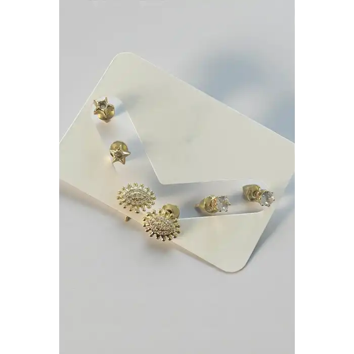 Altın Renk Taş Detaylı 6lı Küpe Set