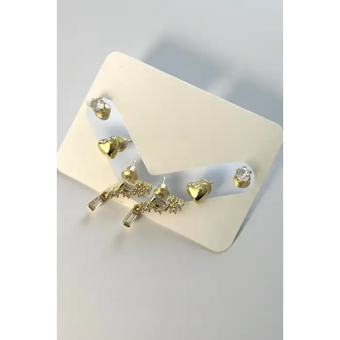 Altın Renk Taş Detaylı 6lı Küpe Set