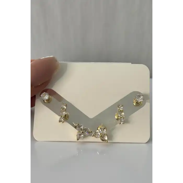 Altın Renk Taş Detaylı 6lı Küpe Set