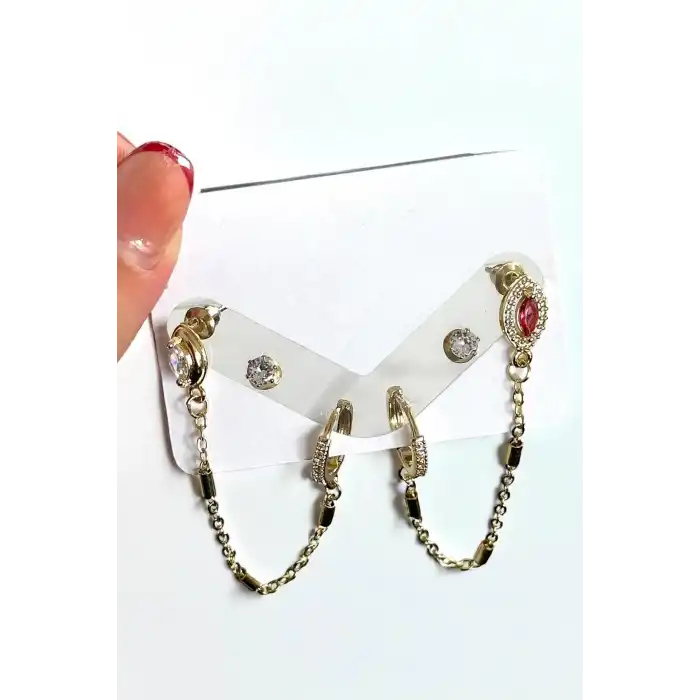 Altın Renk Taş Detaylı 6lı Küpe Set