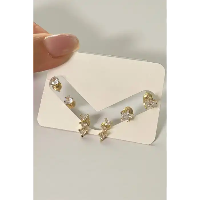 Altın Renk Taş Detaylı 6lı Küpe Set