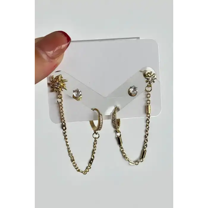 Altın Renk Taş Detaylı 6lı Küpe Set