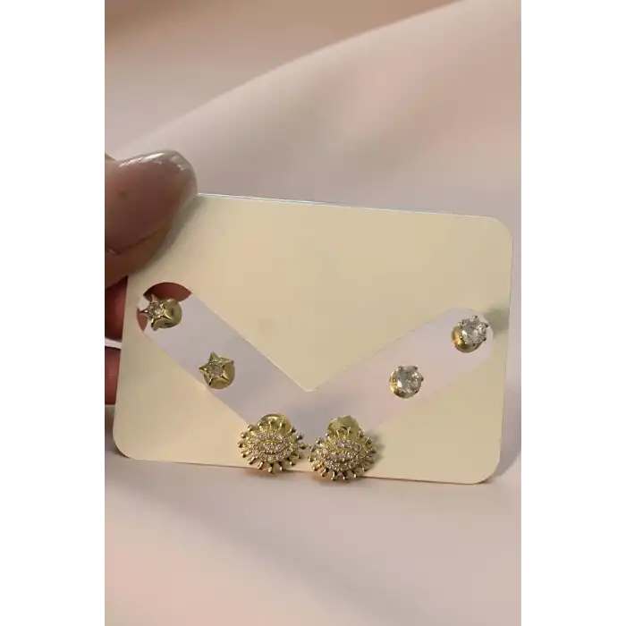 Altın Renk Taş Detaylı 6lı Küpe Set