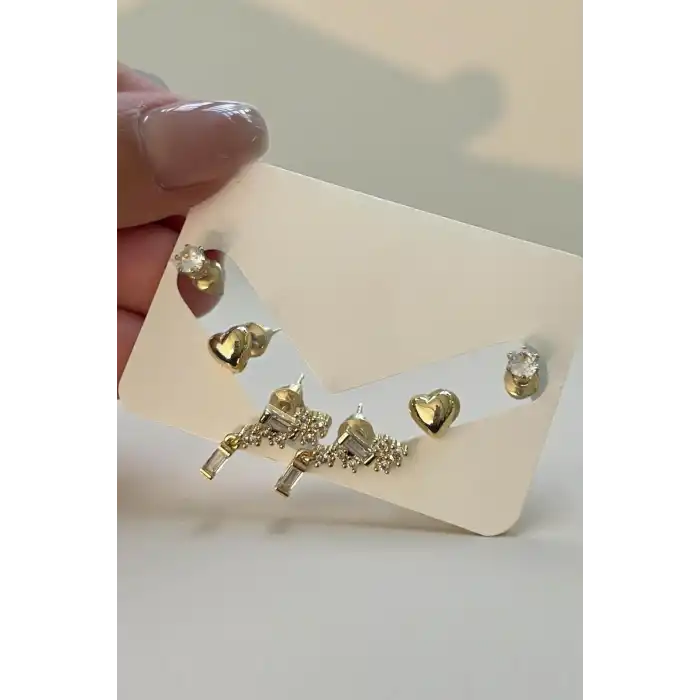 Altın Renk Taş Detaylı 6lı Küpe Set