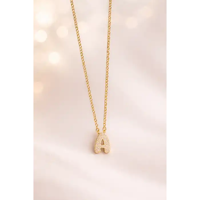 Altın Renk Taş Detaylı A Harfli Mini Çelik Kolye