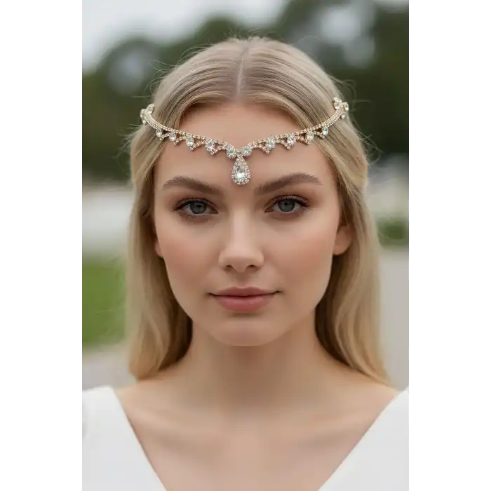 Altın Renk Taş Detaylı Alınlık/Kına Aksesuarı