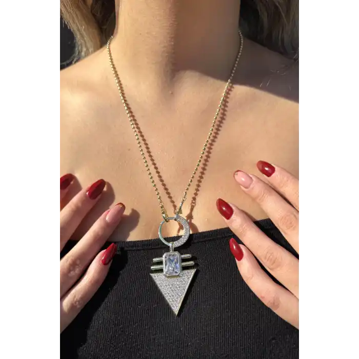 Altın Renk Taş Detaylı Altın Kaplama VİP Kolye