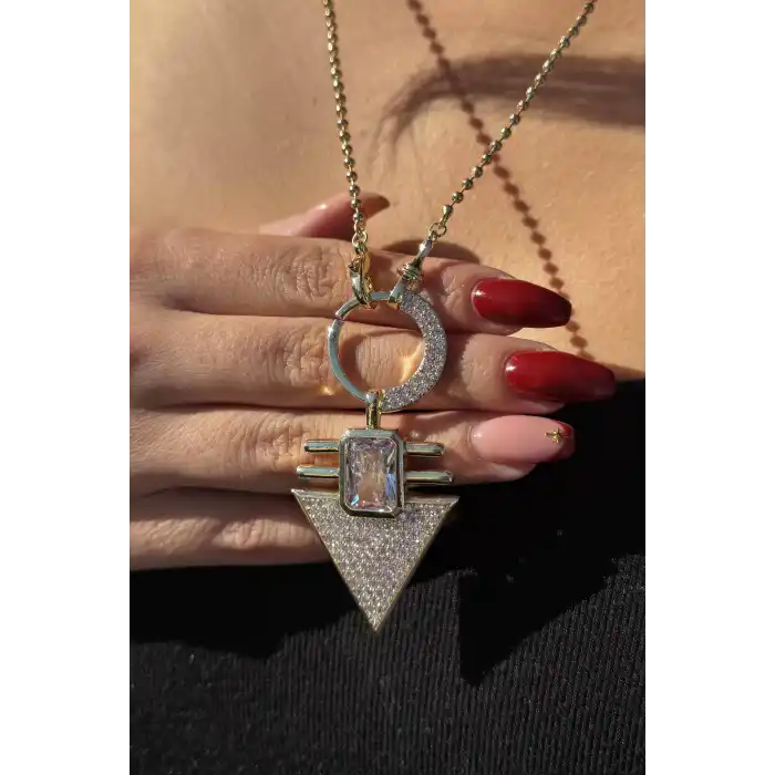 Altın Renk Taş Detaylı Altın Kaplama VİP Kolye