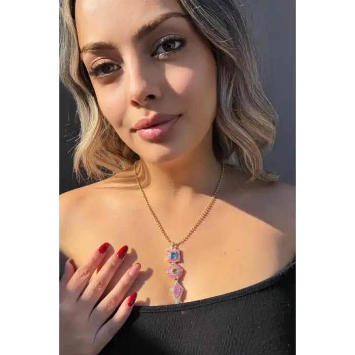 Altın Renk Taş Detaylı Altın Kaplama VİP Kolye