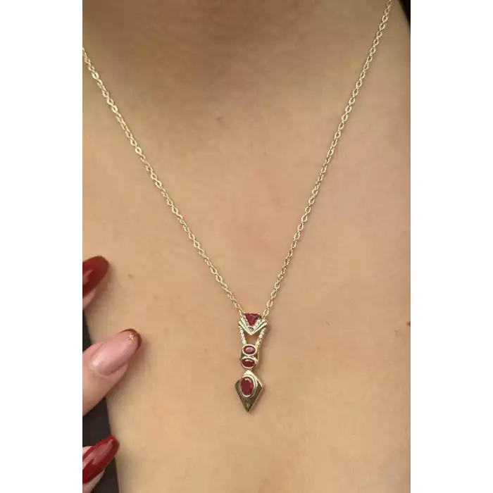 Altın Renk Taş Detaylı Altın Kaplama VİP Kolye