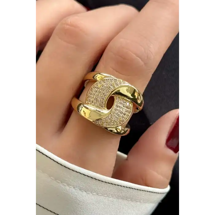 Altın Renk Taş Detaylı Ayarlanabilir Çelik Yüzük