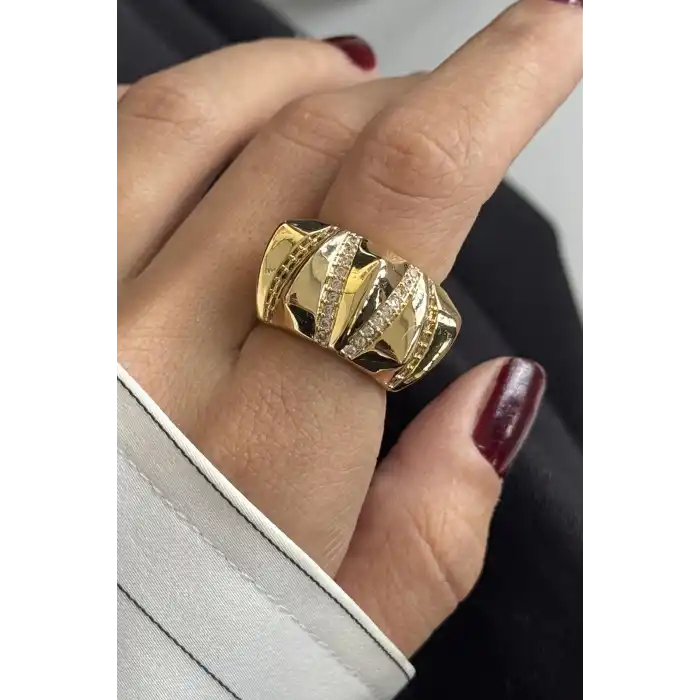 Altın Renk Taş Detaylı Ayarlanabilir Çelik Yüzük