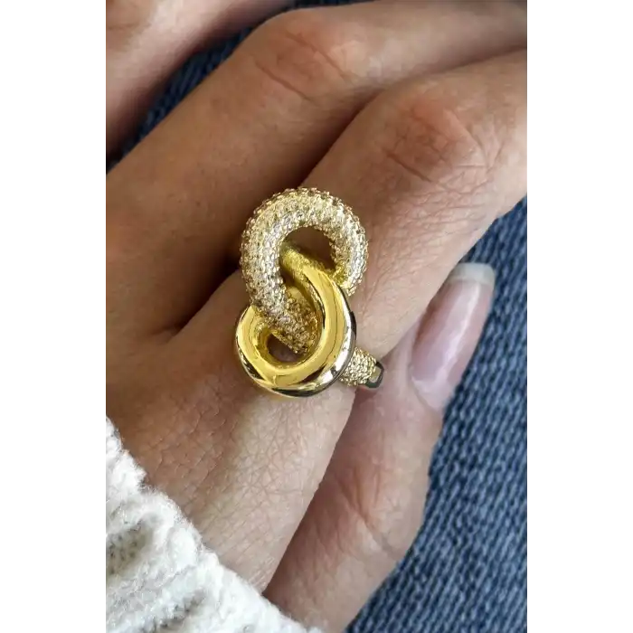 Altın Renk Taş Detaylı Ayarlanabilir Çelik Yüzük