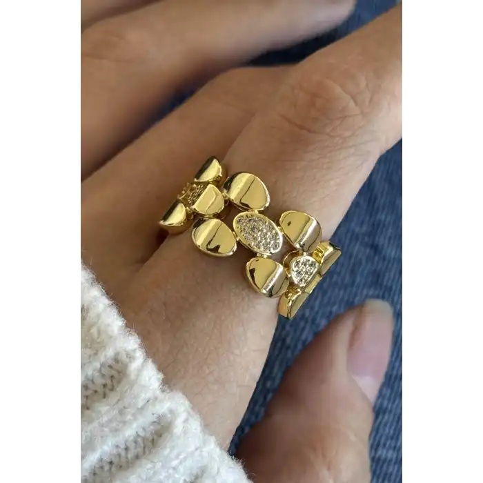 Altın Renk Taş Detaylı Ayarlanabilir Çelik Yüzük