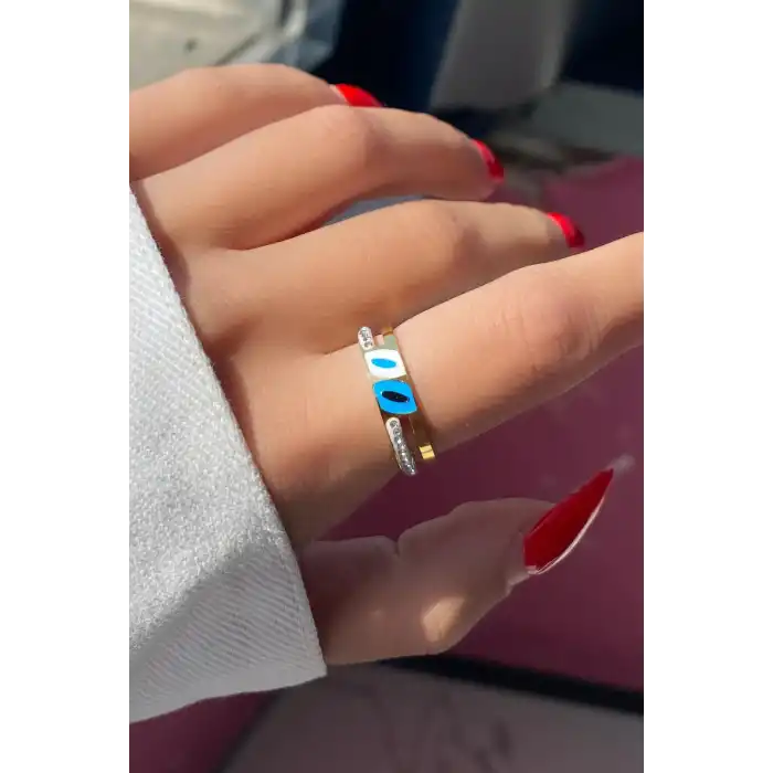 Altın Renk Taş Detaylı Ayarlanabilir Çelik Yüzük