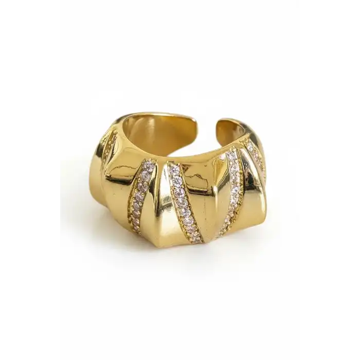 Altın Renk Taş Detaylı Ayarlanabilir Çelik Yüzük