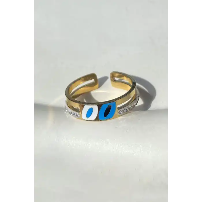 Altın Renk Taş Detaylı Ayarlanabilir Çelik Yüzük