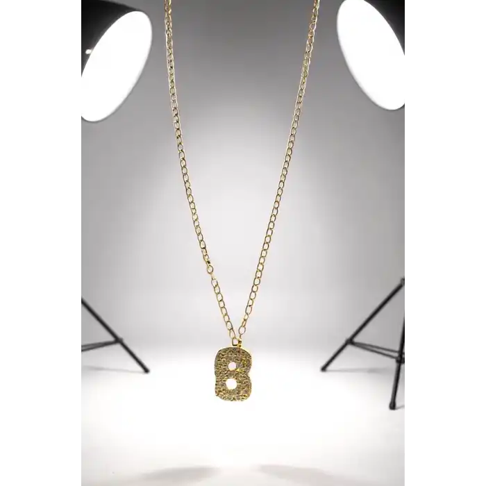 Altın Renk Taş Detaylı B Harfli Mini Çelik Kolye