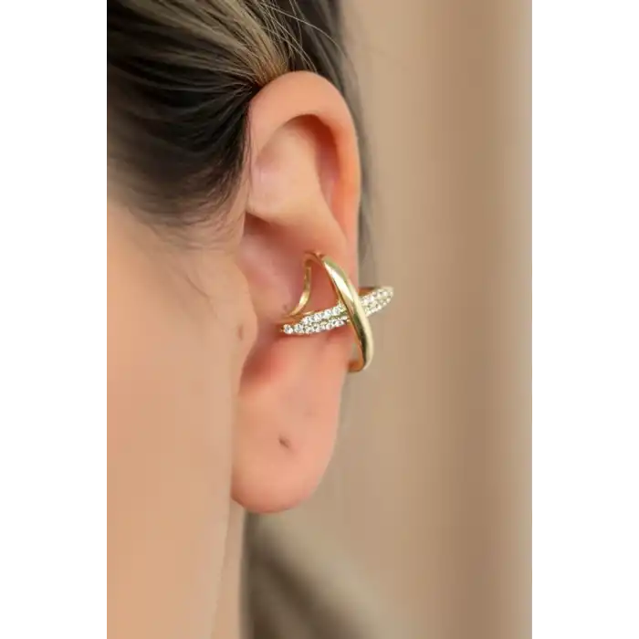 Altın Renk Taş Detaylı Çarpı Figürlü 14K Altın Kaplama TX Ear Cuff (Tek)