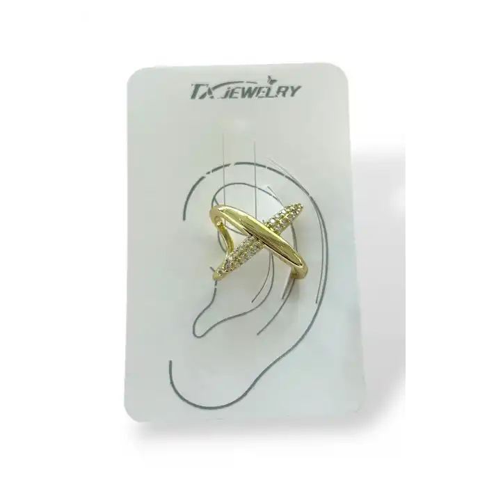 Altın Renk Taş Detaylı Çarpı Figürlü 14K Altın Kaplama TX Ear Cuff (Tek)