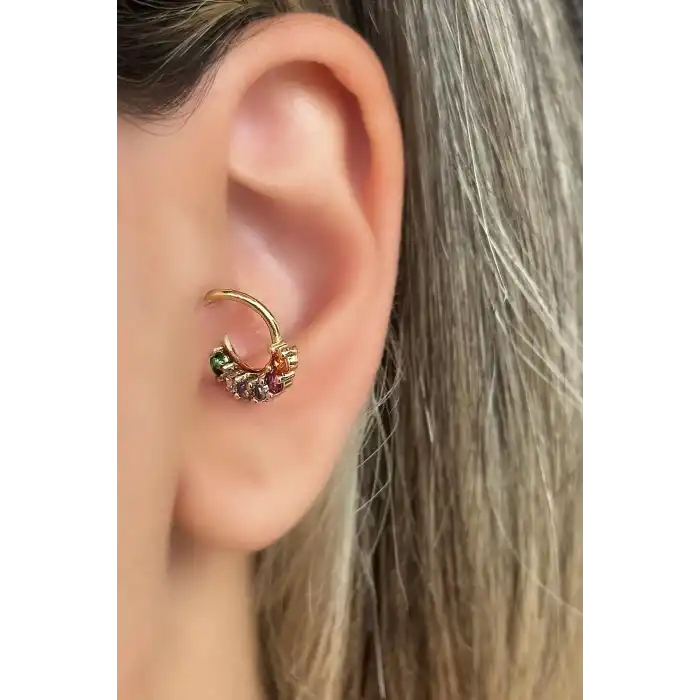 Altın Renk Taş Detaylı Çelik Halka Tragus/Kıkırdak Küpe/Piercing (Tek)