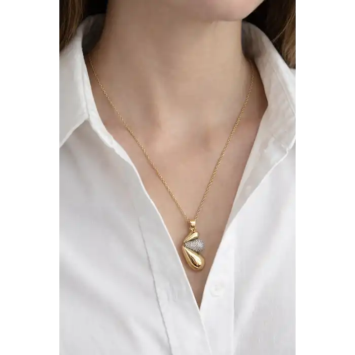 Altın Renk Taş Detaylı Çelik Kolye