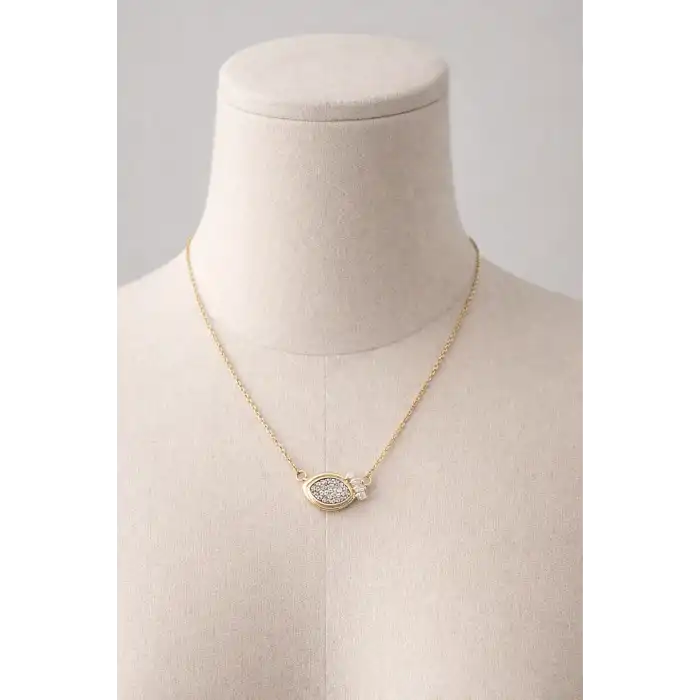 Altın Renk Taş Detaylı Çelik Kolye