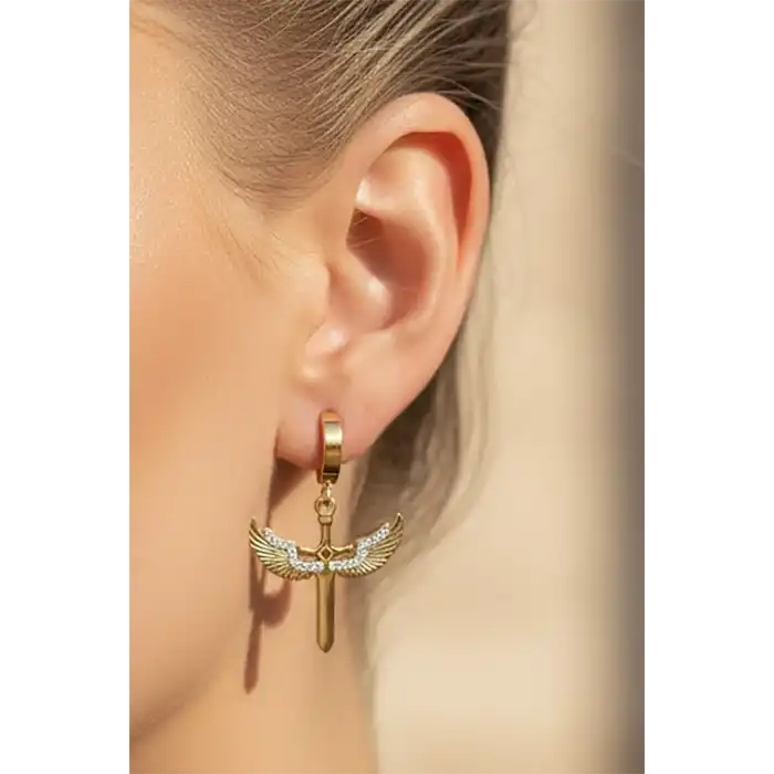 Altın Renk Taş Detaylı Çelik Küpe (Çift)