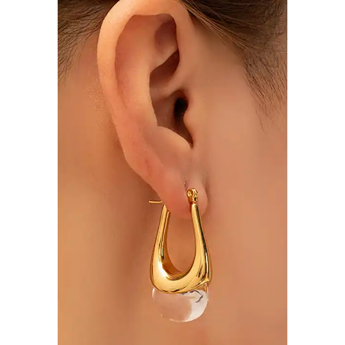 Altın Renk Taş Detaylı Çelik Küpe (Çift)