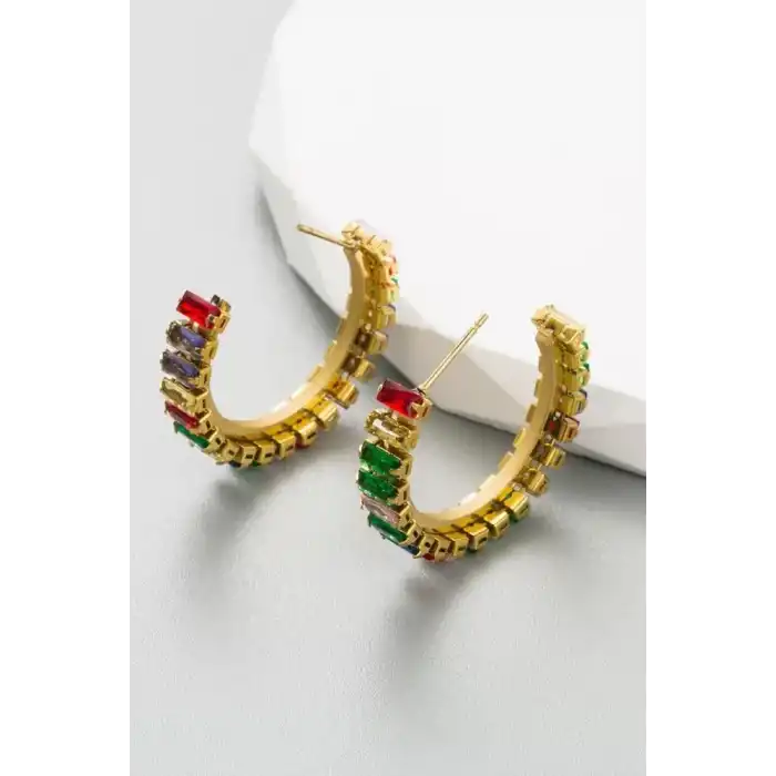 Altın Renk Taş Detaylı Çelik Küpe (Çift)